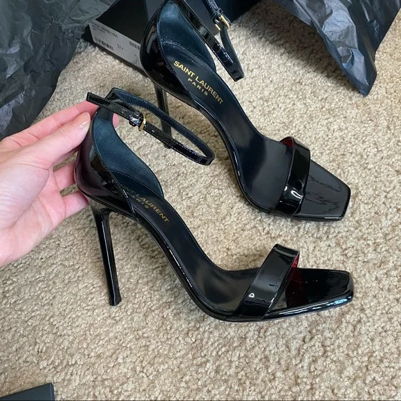 SAINT LAURENT BLACK PATENT VERNICE CHIFFON LEATHER HIGH HEEL SIZE 37 /7 - Picture 10 of 16